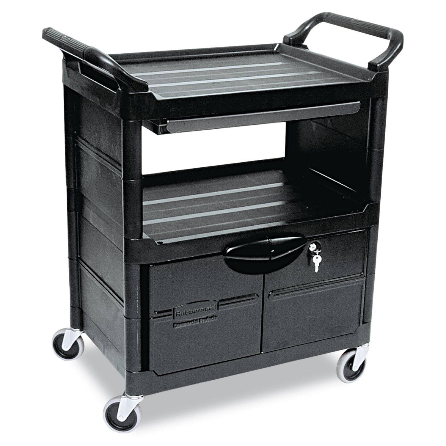 Rubbermaid Commercial Plastic Service and Utility Cart with Cabinet and Sliding Drawer, Black