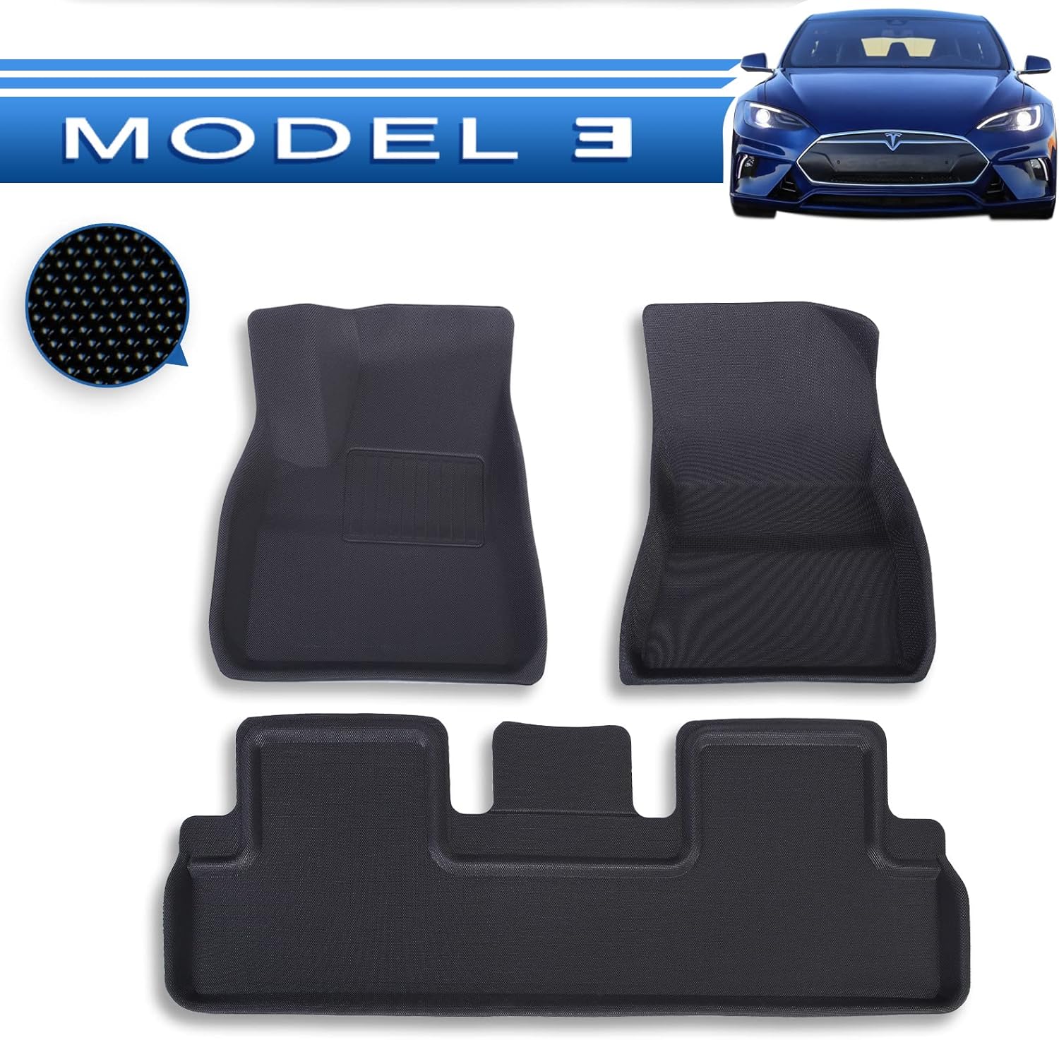 Floor Mats for Tesla Model 3 Accessories 2021 2022 Custom Fit All Weather Waterproof 3D Car Floor Liners Full Cover Anti-Slip Black Lightweight Kroshine Carpet (3Pcs/Set)
