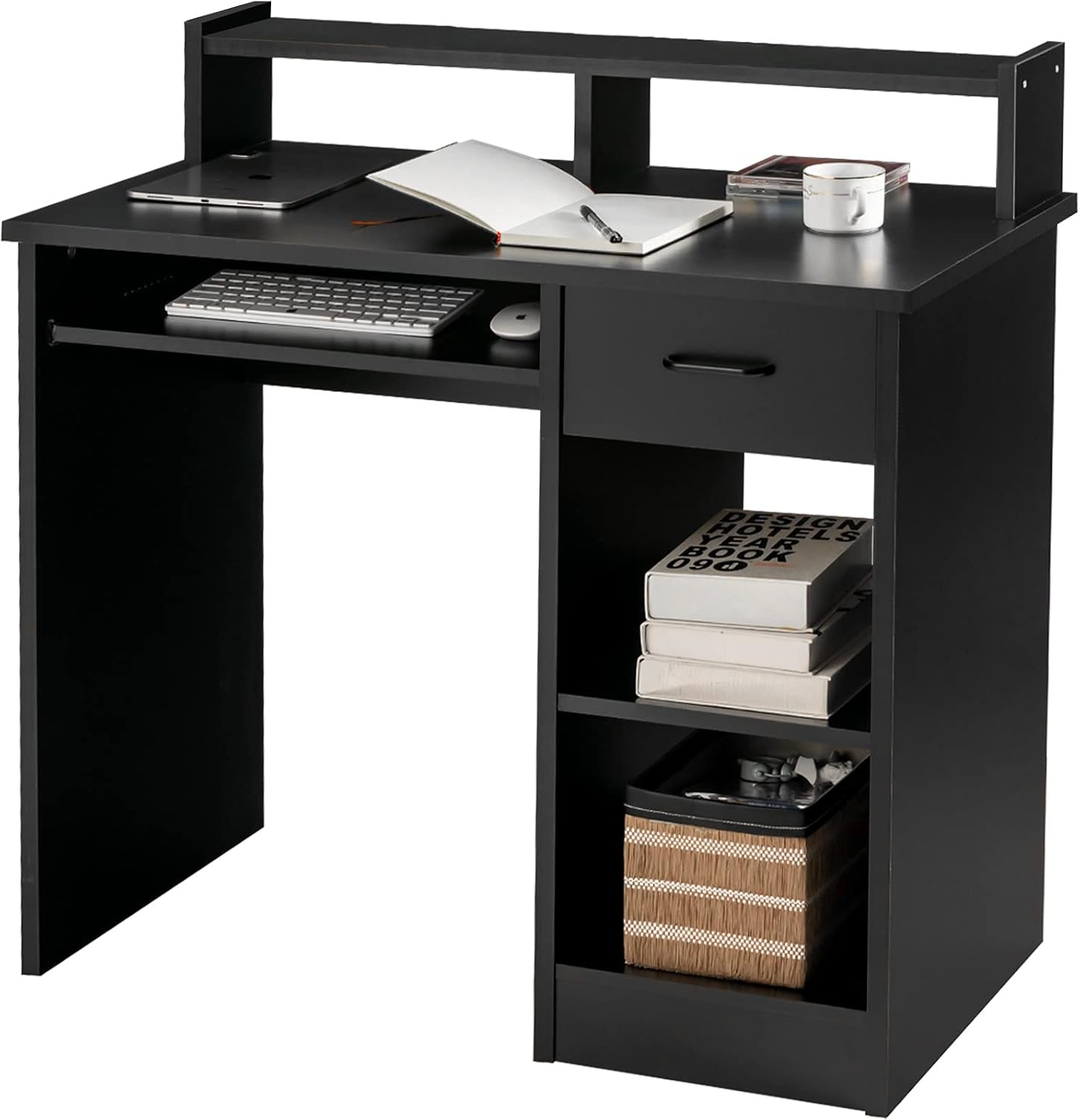 Tangkula Computer Desk, Home Office Wooden PC Laptop Desk, Modern Simple Style Wood Study Workstation, Writing Table with Storage Drawer & Shelves, Wooden Furniture (Black)