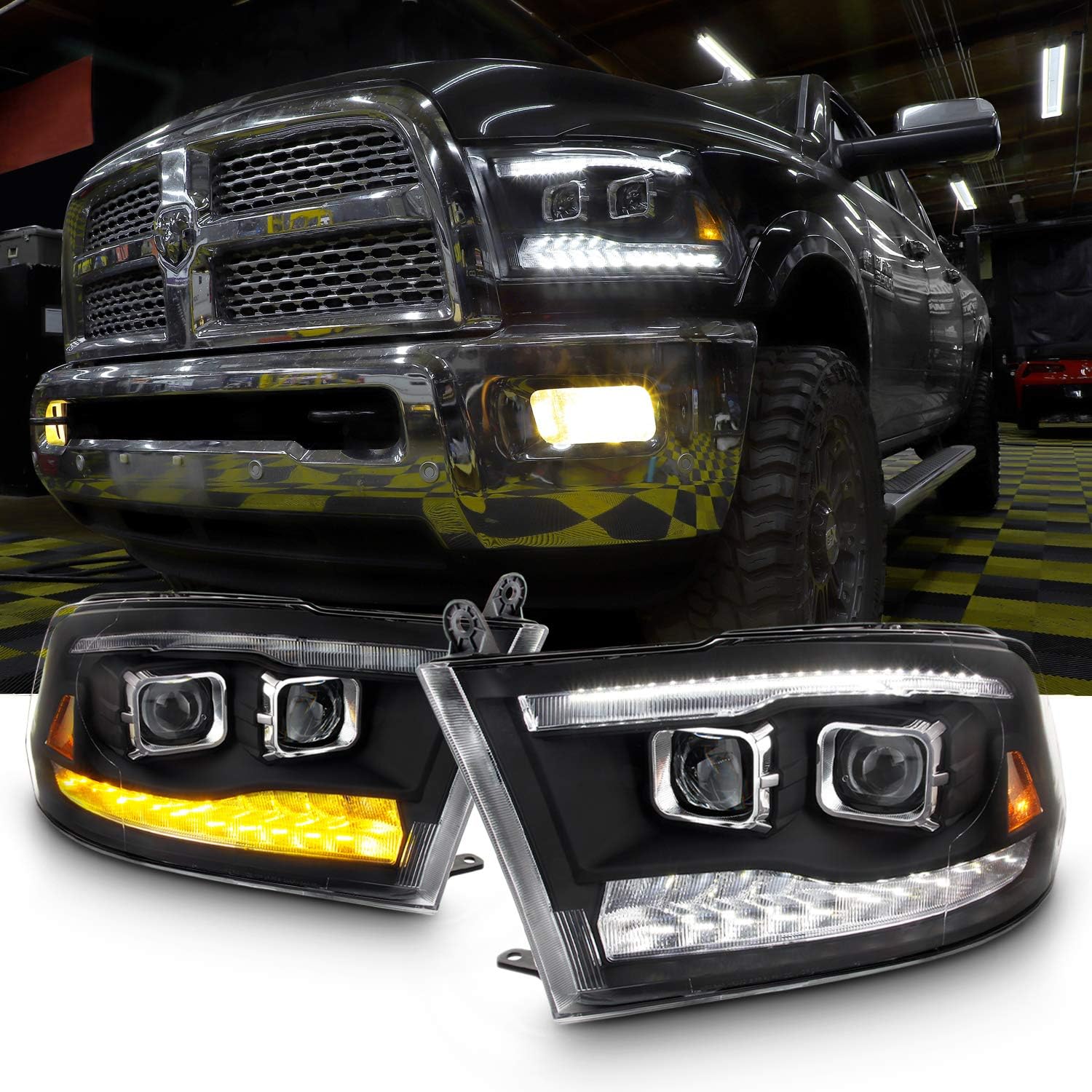 AKKON - [Factory Upgrade] For 09-18 Dodge Ram 1500 2500 3500 Dual Projector LED DRL Headlights With Light bulbs