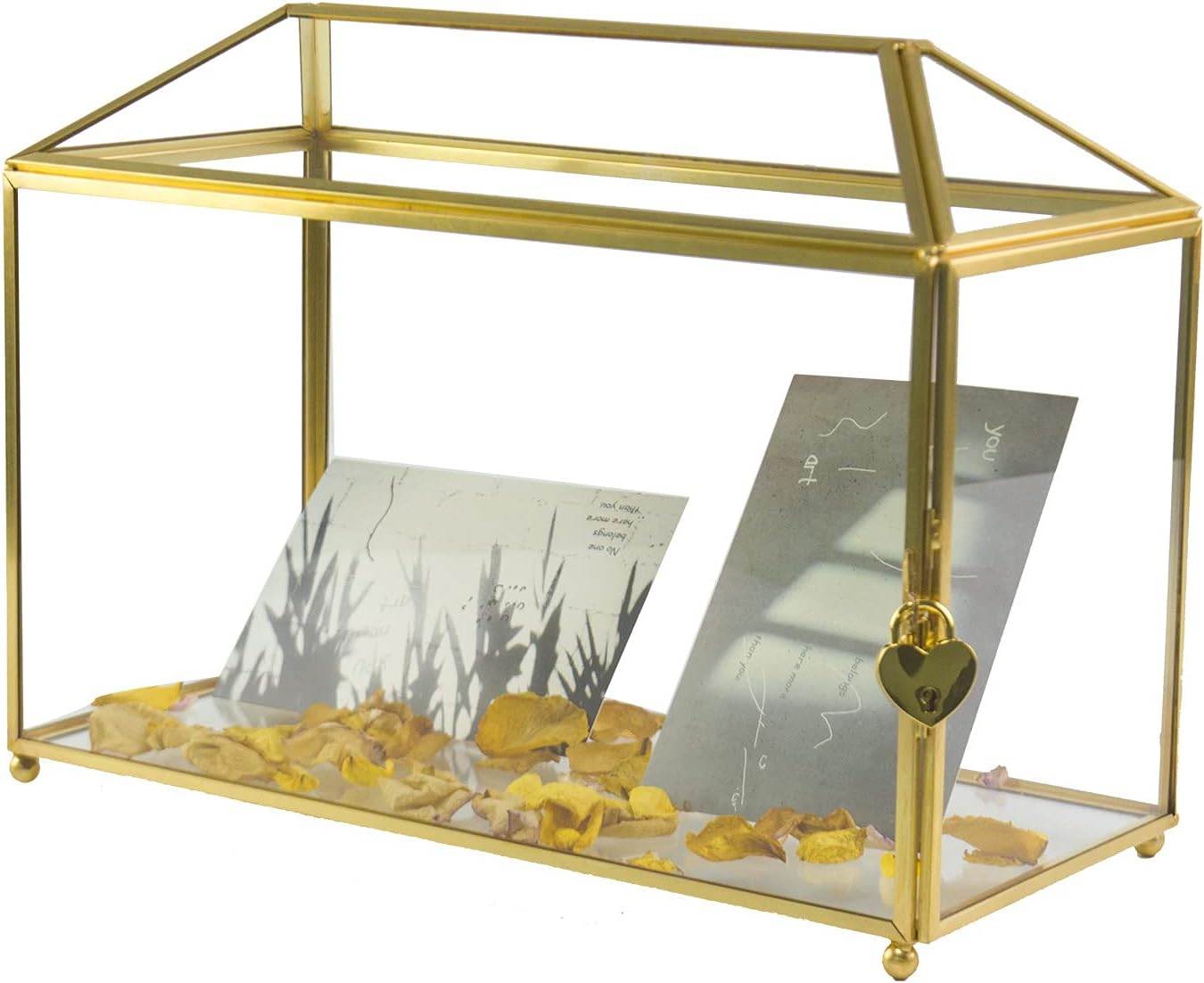 Gold Wedding Glass Card Box – Large Wedding Card Holder Gold Handmade Brass Vintage Rectangle Shape with Lid (Vintage Gold with Lock) Pack of 2