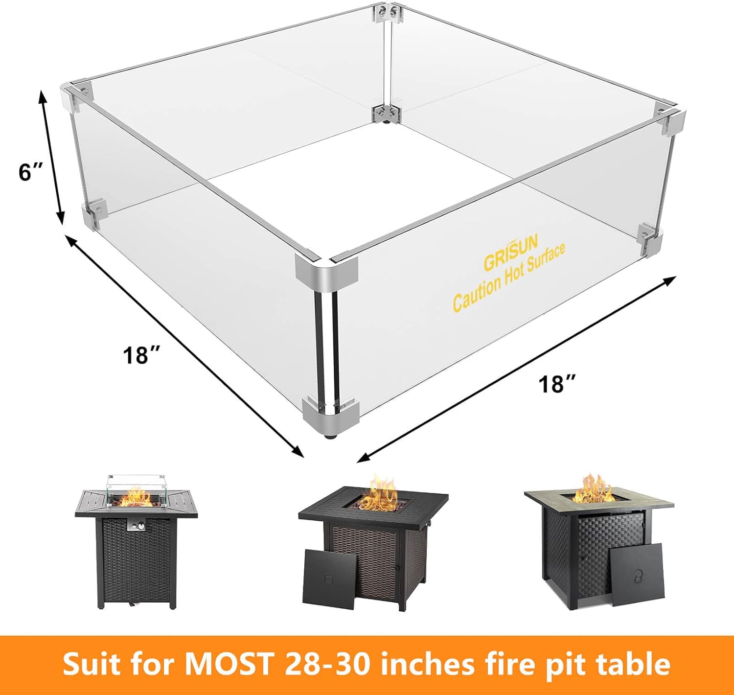 Grisun Fire Pit Glass Wind Guard - 18 x 18 x 6 inch, Thick Square Heat-Resistant Tempered Glass Guard with Hard Aluminum Corner Bracket and Rubber Feet for Propane, Gas, Outdoor