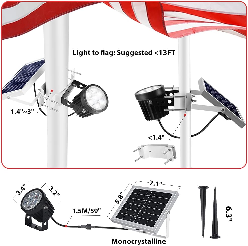 Solar Flag Pole Light Outdoor Dusk to Dawn Waterproof Batteries Replaceable Fits 0.6&rdquo;-3&rdquo; Flagpole Solar Powered Led Light White 6000K