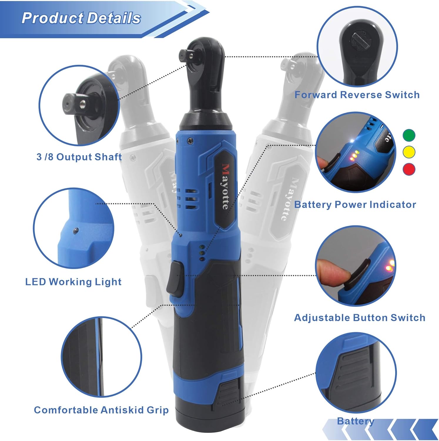 Cordless Electric Ratchet Wrench Set, Mayotte 16.8V 3/8