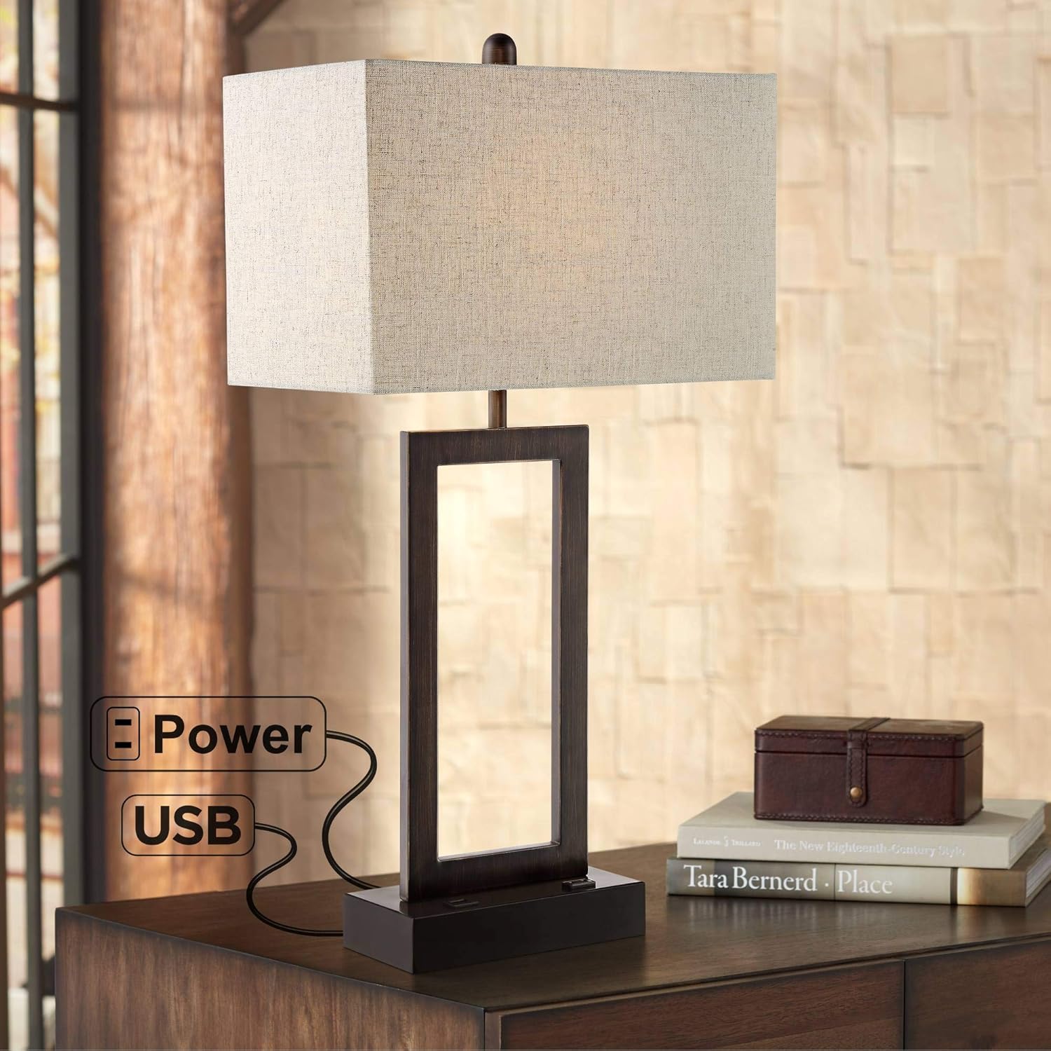 Todd Modern Table Lamp with Hotel Style USB and AC Power Outlet in Base Brushed Nickel Rectangle White Shade for Living Room Bedroom House Bedside Nightstand Home Office Family - 360 Lighting