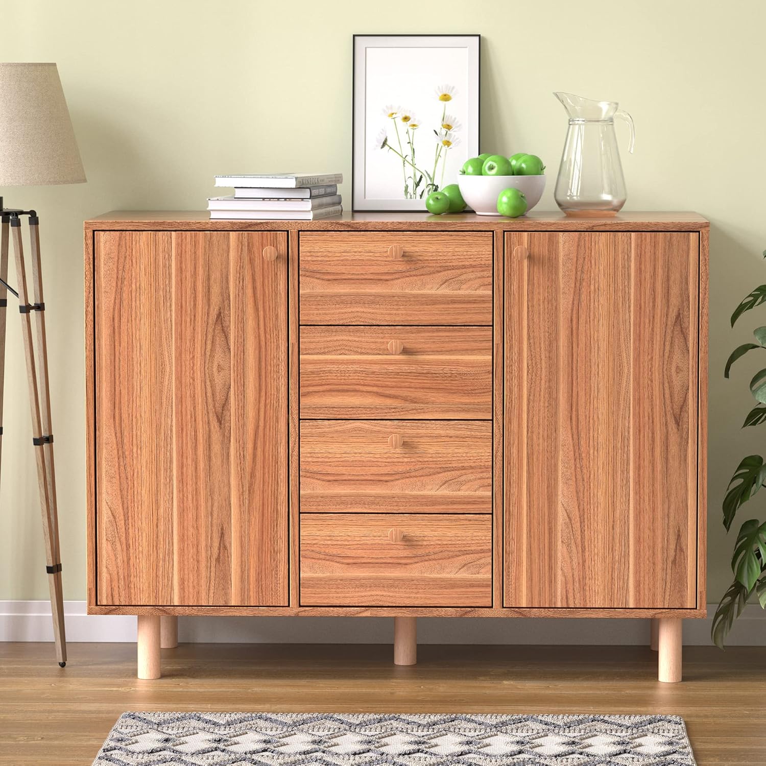 Cozy Castle Wood Storage Cabinet, Modern Accent Kitchen Cabinets with 2 Doors and Adjustable Shelves, Free Standing Buffet Sideboards for Living Room, Bedroom, Kitchen and Office, Walnut