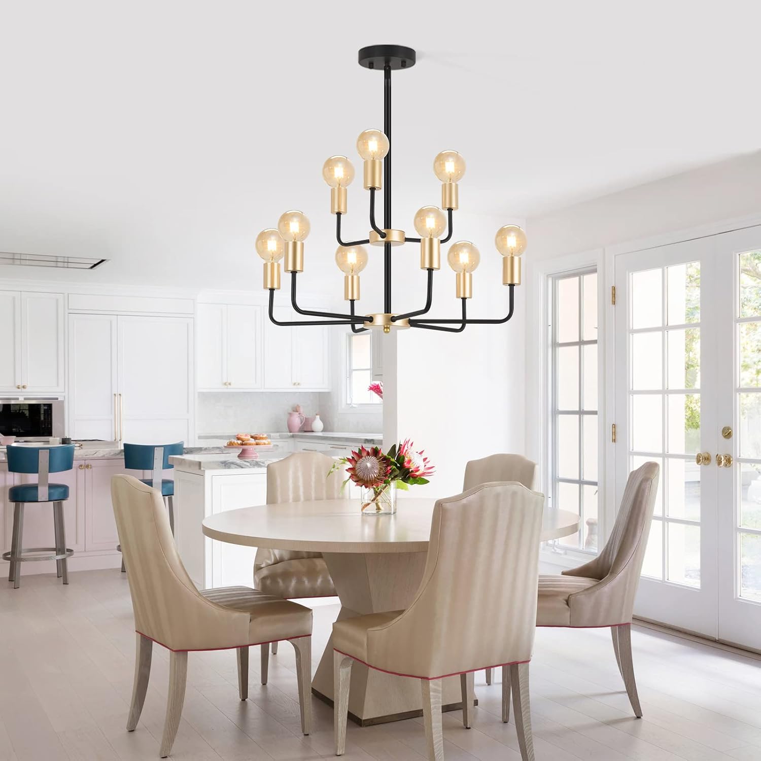 TEMINBU 9-Light Modern Sputnik Chandelier, Gold Black Mid Century Pendant Light Fixture, Industrial Farmhouse Lighting Fixture for Dining Room, Bedroom, Living Room, Hall, Stair