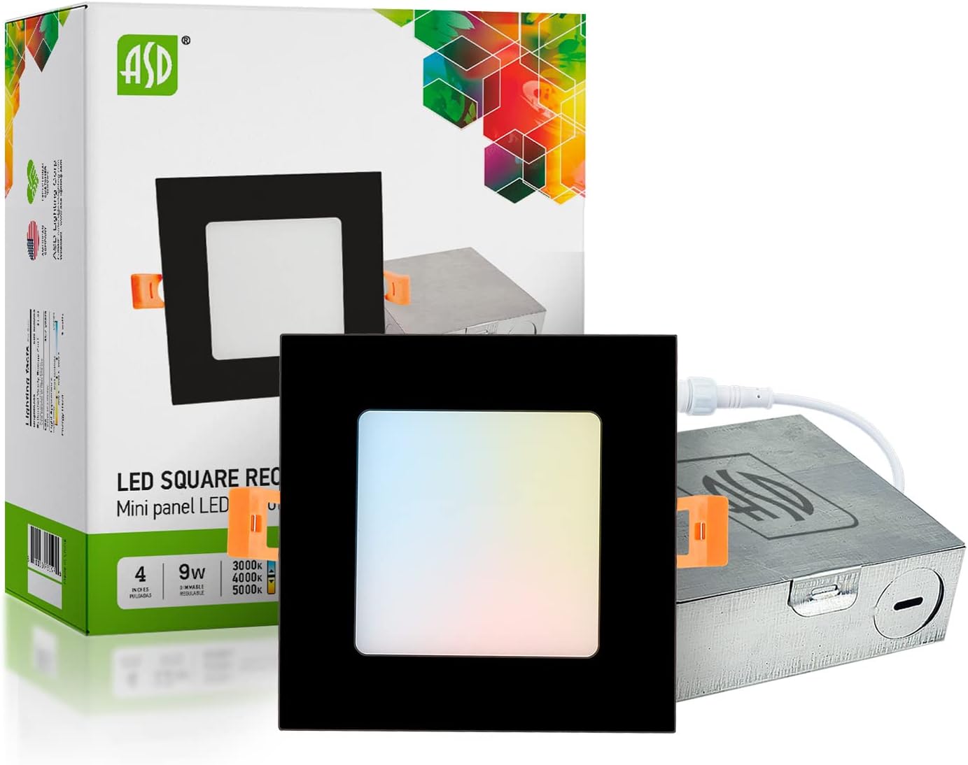 ASD Ultra Thin Square LED Recessed Lighting 4 Inch, 3000K-4000K-5000K Color Temperature Options 9W 630Lm Dimmable LED Downlight, Canless LED Recessed Light, IC & Damp Rated, ETL,Energy Star (12-Pack)