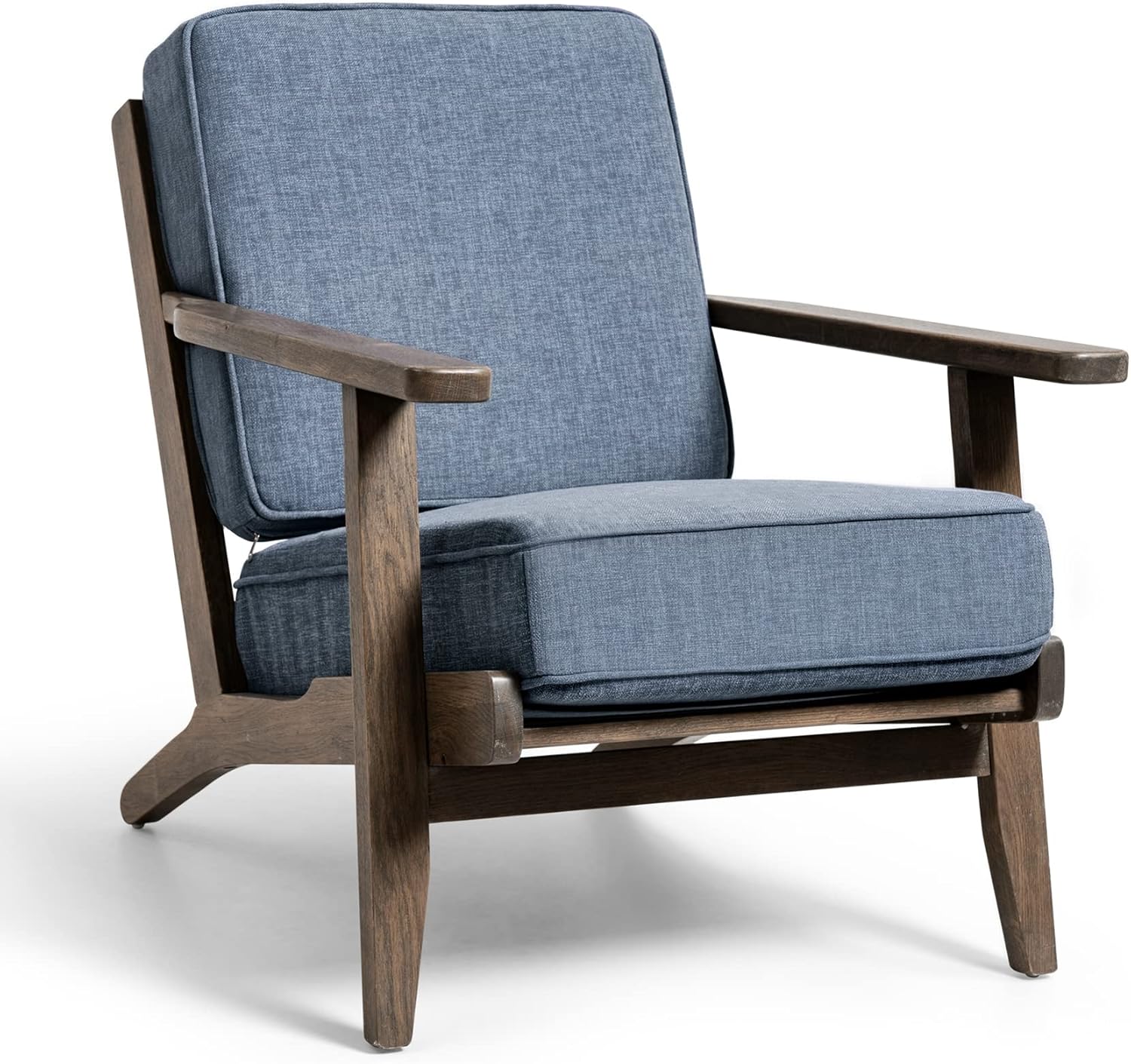 CloudFly Dining Chair Fabric Solid American Oak with Cushions Blue Single Armchair Accent Chaise Lounger Adirondack Recliner for Home with Thick Padded Seat (Dark Oak)