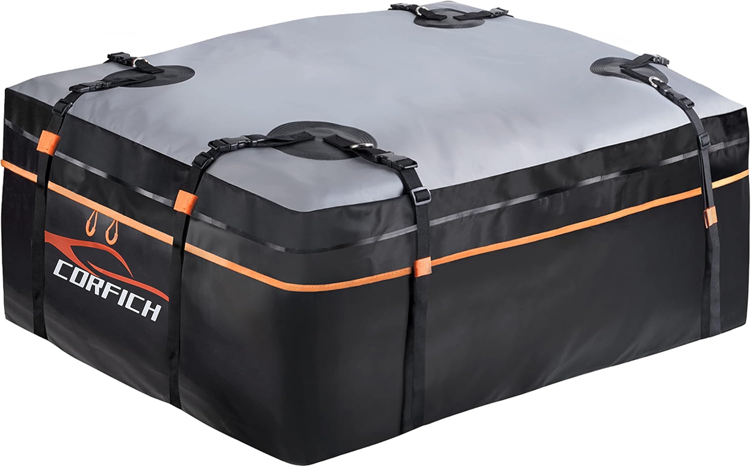 CORFICH Car Roof Bag Top Cargo Carrier,15 Cubic Feet Waterproof Roof Rack Cargo Carrier with Free Lock+8 Reinforced Straps + 4 Door Hooks Suitable for All Vehicle with/Without Rack (Orange)