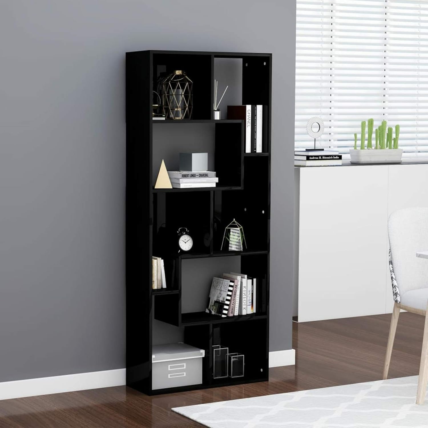Tidyard Bookcase with Storage Shelves Chipboard Display Rack Book Cabinet Organizer High Gloss White for Living Room, Bedroom, Home Furniture 26.4 x 9.4 x 63.4 Inches (W x D x H)