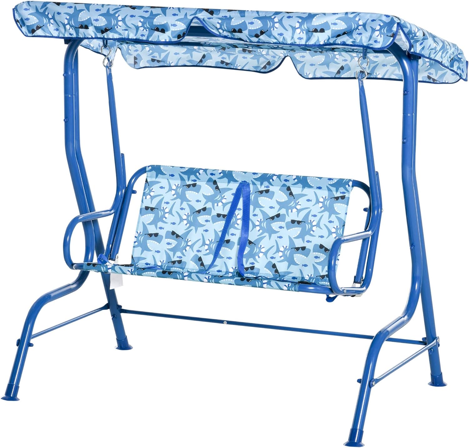 Outsunny 2-Seat Kids Canopy Swing Chair Toddler Outdoor Glider Hammock Lounge with Shade Awning Seat Belt for Porch Backyard Shark Pattern 43
