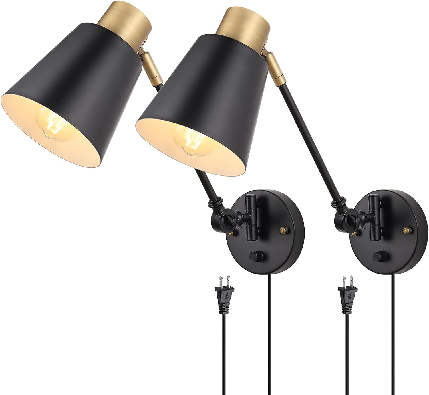 Dimmable Wall Lamp with Plug in Cord, ENCOMLI Plug in Wall Sconces Set of Two, Swing Arm Sconces Wall Lighting with On Off Switch, Metal Black Brass Industrial Wall Sconce Plug in Wall Light, E26 Base