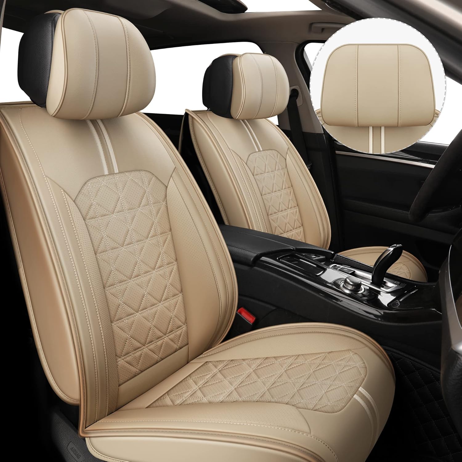 YUHCS Leather Car Seat Covers, 2 PCS Memory Foam Headrest Front Seat Covers, Breathable Automotive Seat Covers for Cars SUV Pickup Truck, Universal Car Seat Cover Vehicle Cushion Cover, Black