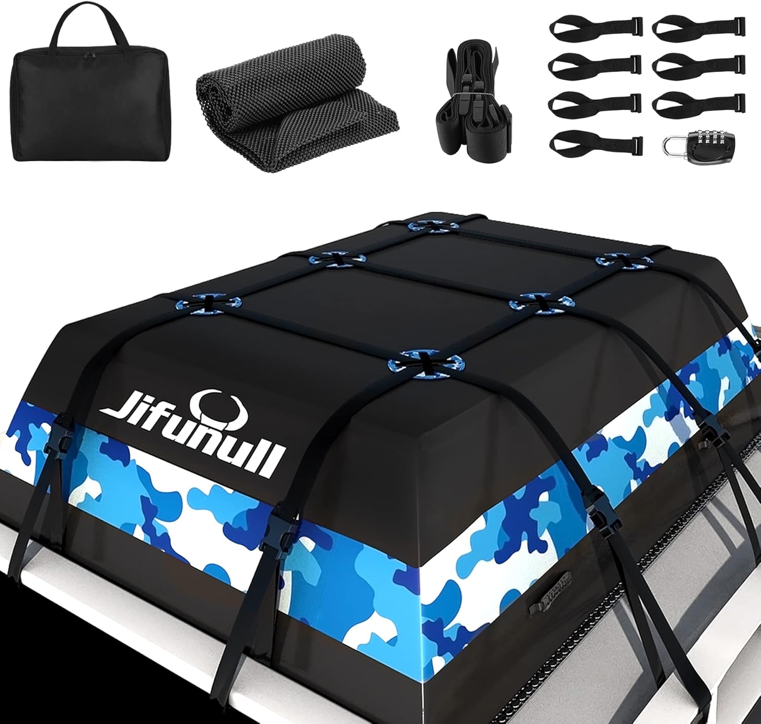 Jifunull Rooftop Cargo Carrier Bag 21 Cubic Feet, Waterproof Soft-Shell Roof Rack Cargo Carrier, 1000D PVC Anti-Tear Car Roof Bag for Vehicle with/Without Racks, Includes 7 Door Hooks, Anti-Slip Mat