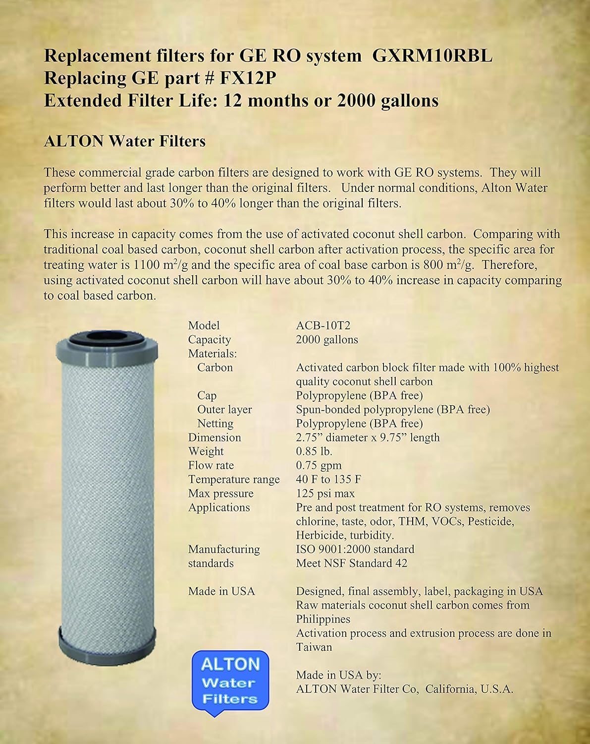 Combo Pack FX12M and FX12P Alton Brand Compatible Replacement Filters for GXRM10RBL GXRM10G RO systems, 2 Carbon Filters, 1 RO Membrane Filter Pack of 2