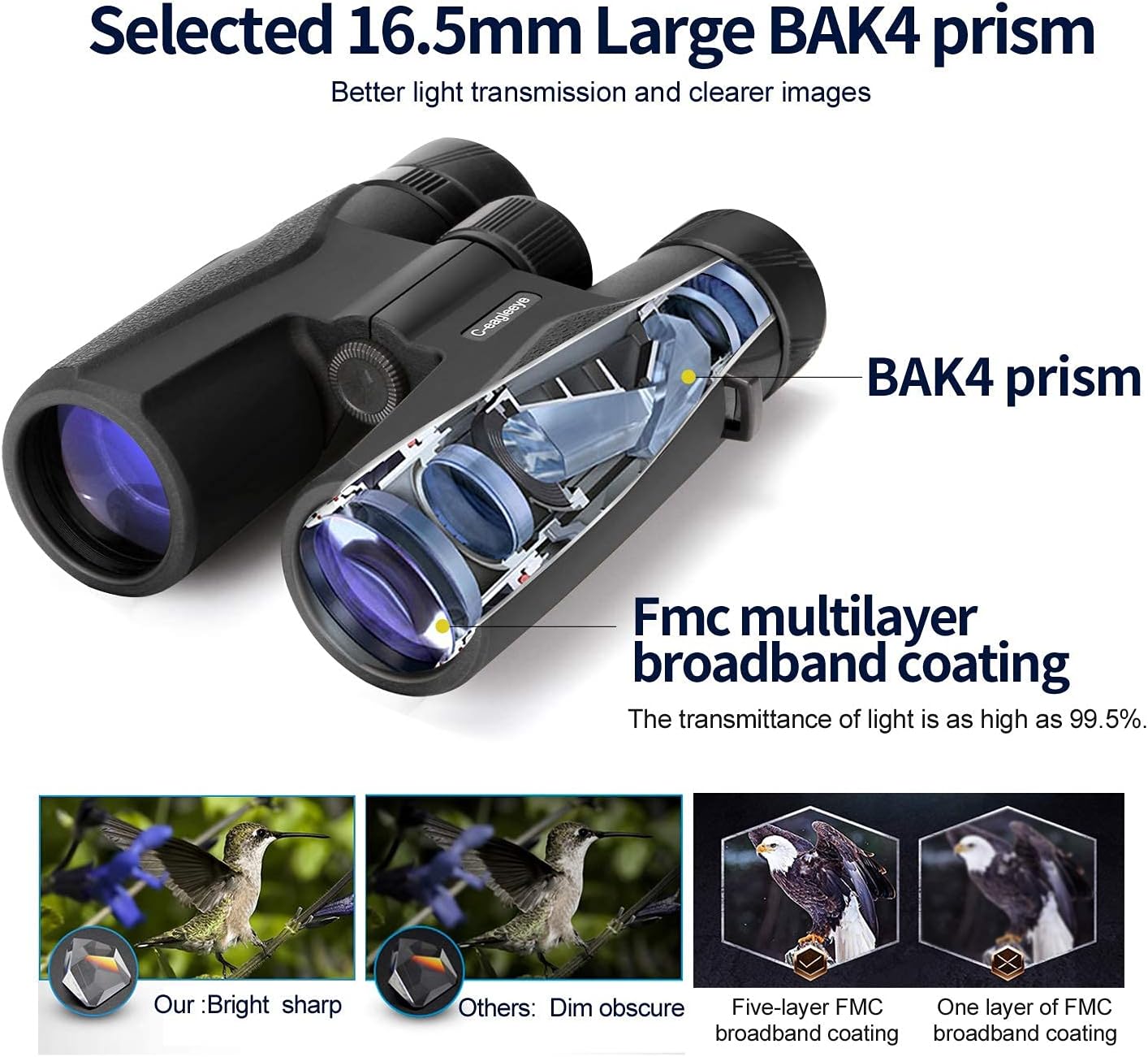 C-eagleeye Binoculars 10x42, Ipx7 Professional Waterproof & Fog-Proof, Includes Bags,Strap,Phone Adapter with 23mm Big Eyepiece Bak4 Lens for Hunting, Bird Watching, Stargazing for Adult, Black