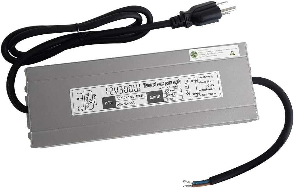 lenoup 300w Waterproof Power Supply Transformer,110-130v AC to 12v DC Output 25a Power Supply Adapter with 3 feet Cable for Outdoor Use