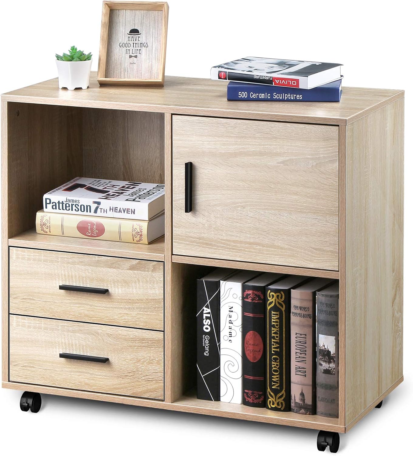 VANSPACE 3 Drawer Mobile Wood File Cabinet, Lateral Filing Cabinet with Wheels, Printer Stand with Adjustable Open Storage Shelves for Home Office, Oak Black