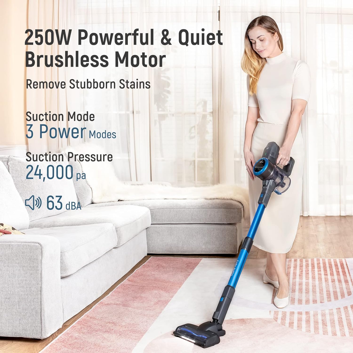 Fabuletta Cordless Stick Vacuum Cleaner, 24Kpa 250W Strong Suction, 6-in-1 Rechargeable Vacuum Cordless, 45 Min Max Runtime LED Display, Lightweight Carpet Hard Floor Vacuum for Pet Hair Home Car,Blue