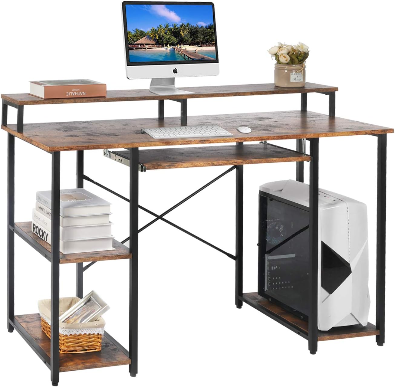 YGBH Computer Desk with Hutch, Office Desk with Keyboard Tray, Modern Writing Study Desk for Small Spaces, Desk with Open Shelves and Monitor Shelf