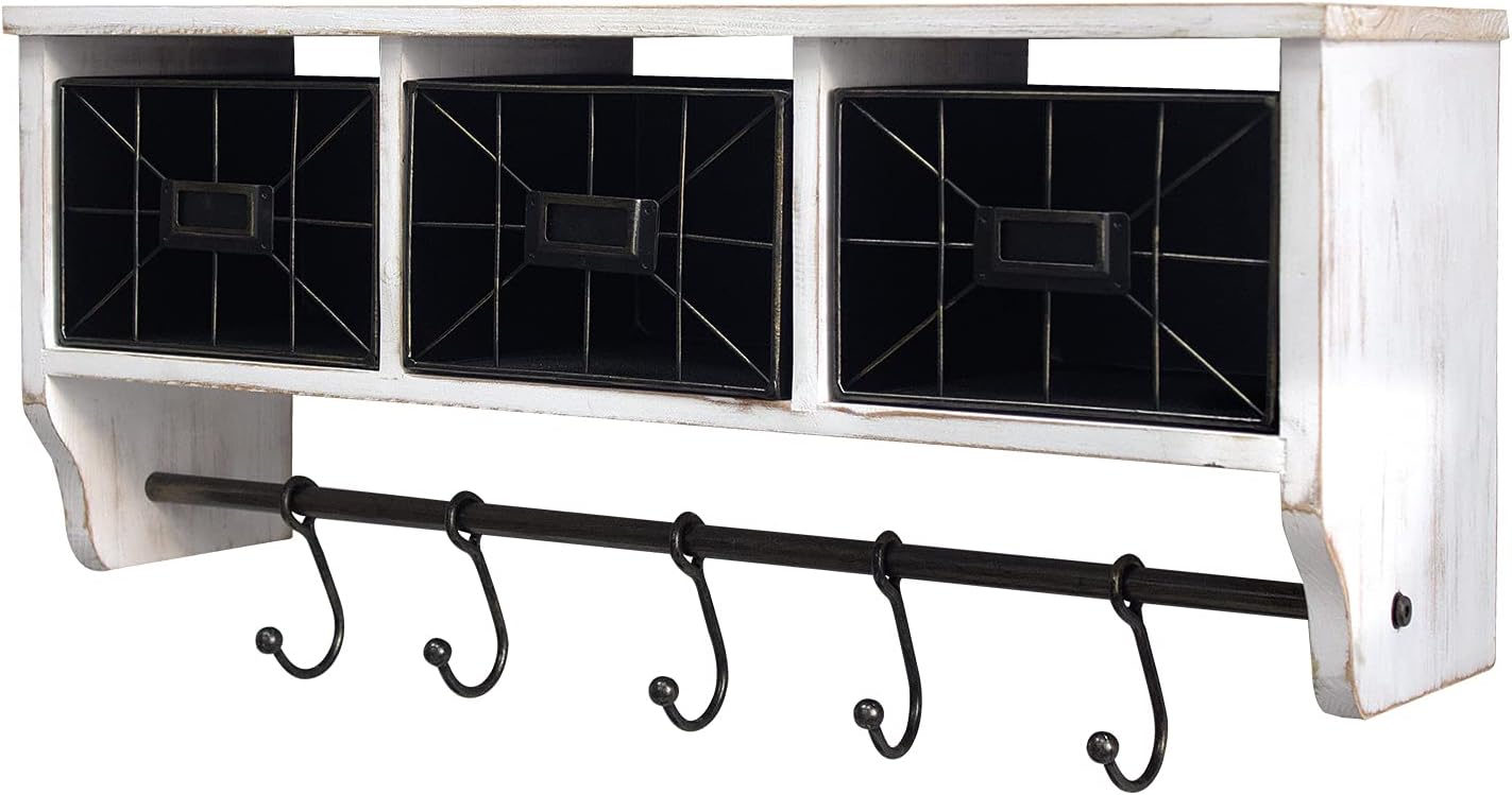 LAKUKU Coffee Bar Shelf with Baskets and Hooks, Wall Mounted Storage Hanging Coat Rack Shelf for Entrance, Bathroom, Living Room and Kitchen Pack of 2