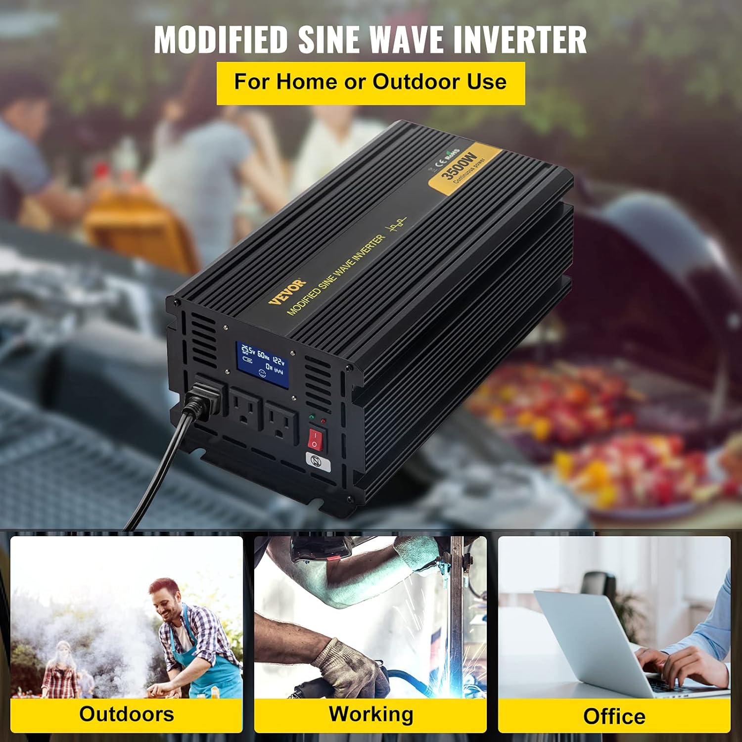 VEVOR Power Inverter, 3500W Modified Sine Wave Inverter, DC 24V to AC 120V Car Converter, with LCD Display, Remote Controller, LED Indicator, AC Outlets Inverter for Truck RV Car Boat Travel Camping