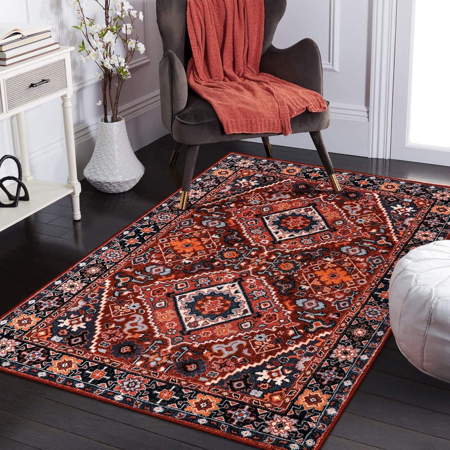 Beeiva Vintage Oriental Area Rug 3x5 Washable Entryway Rug Non-Slip Door Mat Accent Throw Rugs Indoor Floor Carpet for Kitchen Bedroom Living Room Bathroom (Red/Multi, 3x5ft)
