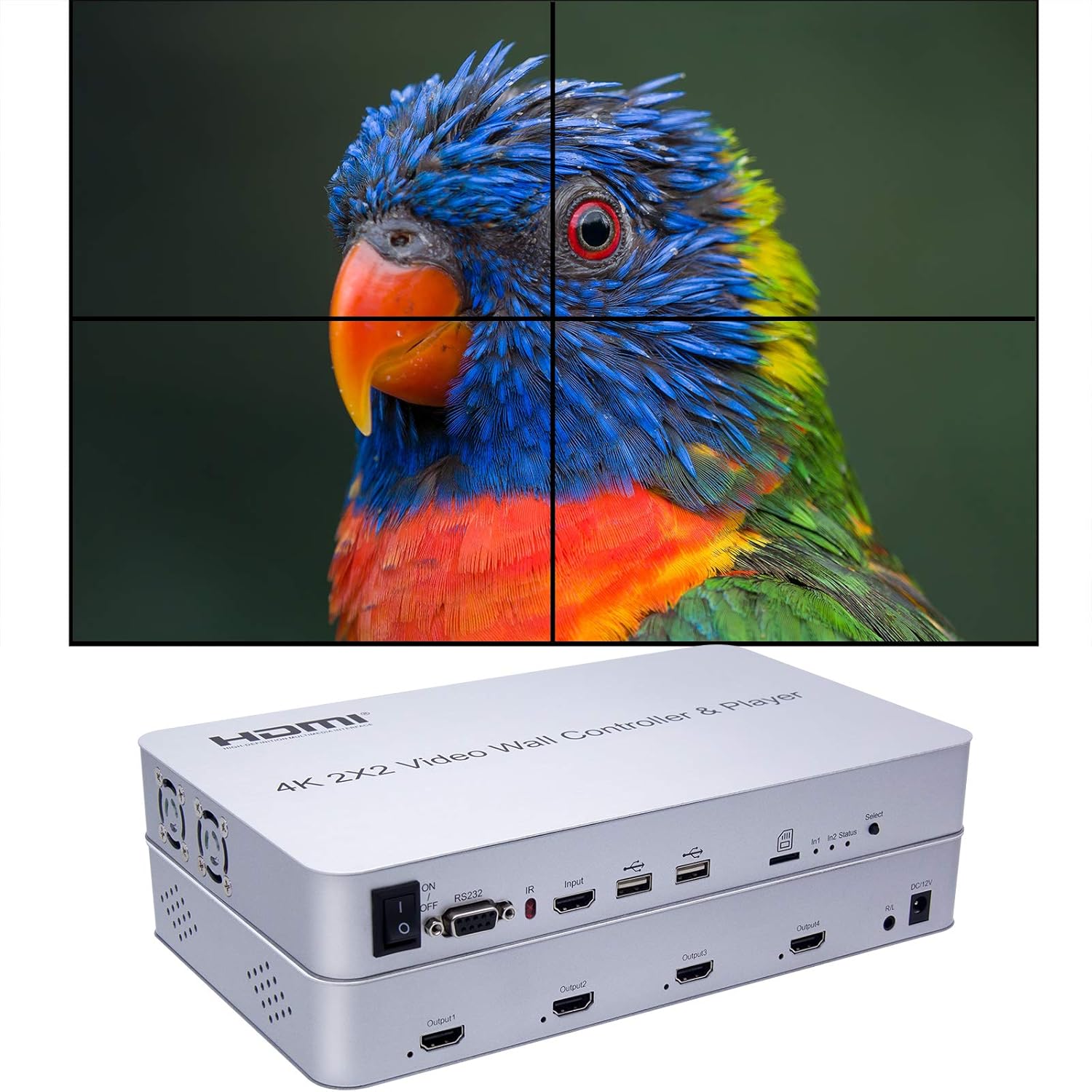 Deface Video Wall Controller & Player 2x2 4K 3840x2160@30Hz Processor HDMI 1.4 HDCP 1.4 Support 2x2,1x2,1x4 Modes with 1 HDMI Input 4 HDMI Output