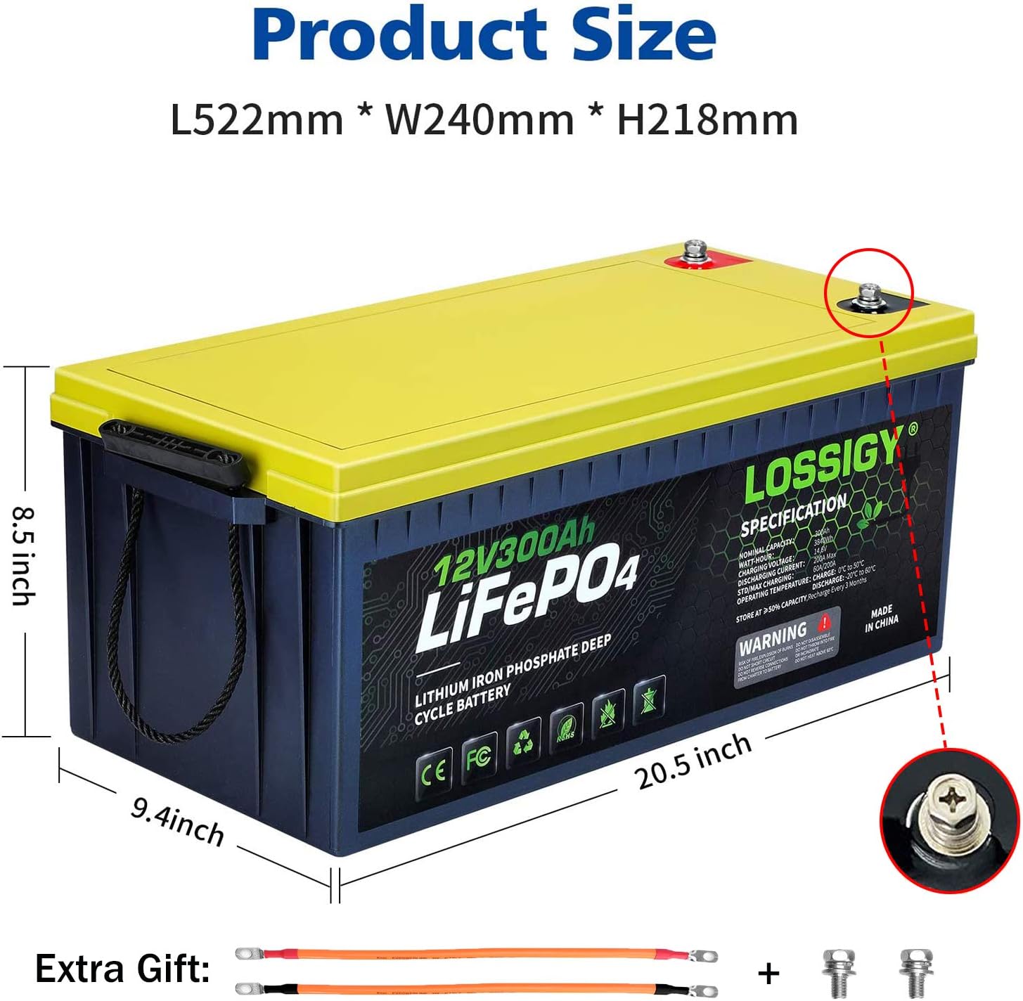 LOSSIGY 12V 300AH Lithium Battery Deep Cycle Lifepo4 Battery, Built in 200A BMS, The Perfect Replace for Solar Wind Storage System, RV, Marine Off-Gird Battery, 4000-7000 Cycles