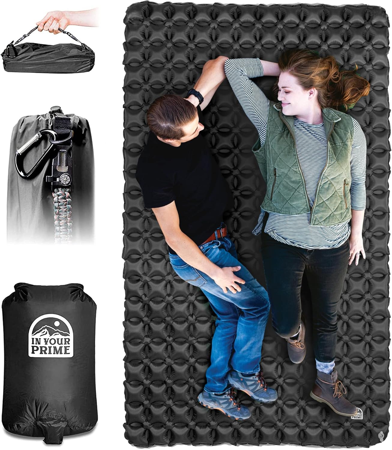 Multi-use Ultralight Double Sleeping Pad w/Survival Paracord, Pump & Carabiner for Camping & Backpacking - Camping Mat for 1 or 2 - Two Person Air Mattress for Camp Tent Truck Hunting Hiking Car