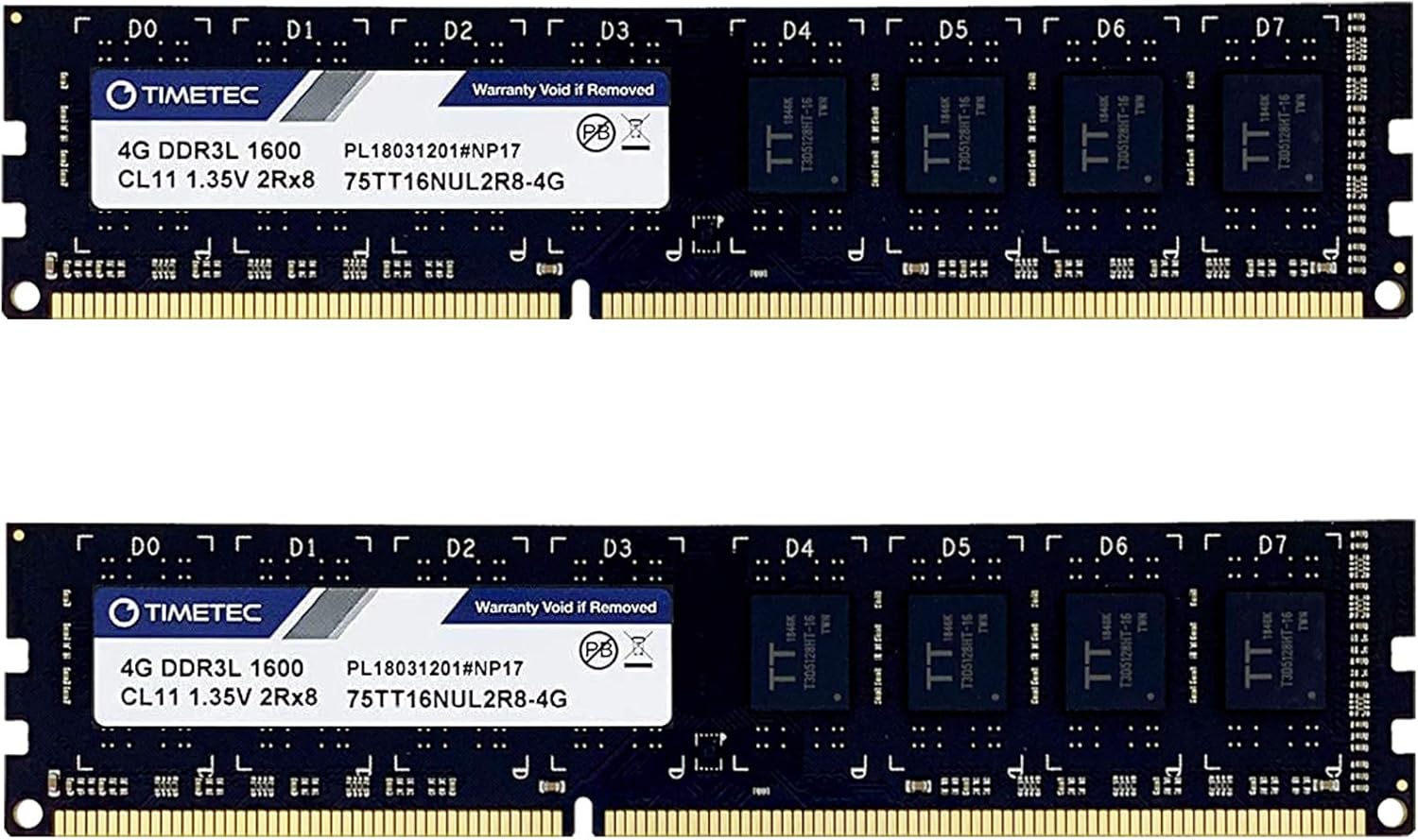 Timetec 8GB KIT(2x4GB) DDR3L / DDR3 1600MHz PC3L-12800 / PC3-12800 Non-ECC Unbuffered 1.35V / 1.5V CL11 2Rx8 Dual Rank 240 Pin UDIMM Desktop PC Computer Memory RAM Module Upgrade (8GB KIT(2x4GB)) Pack of 2