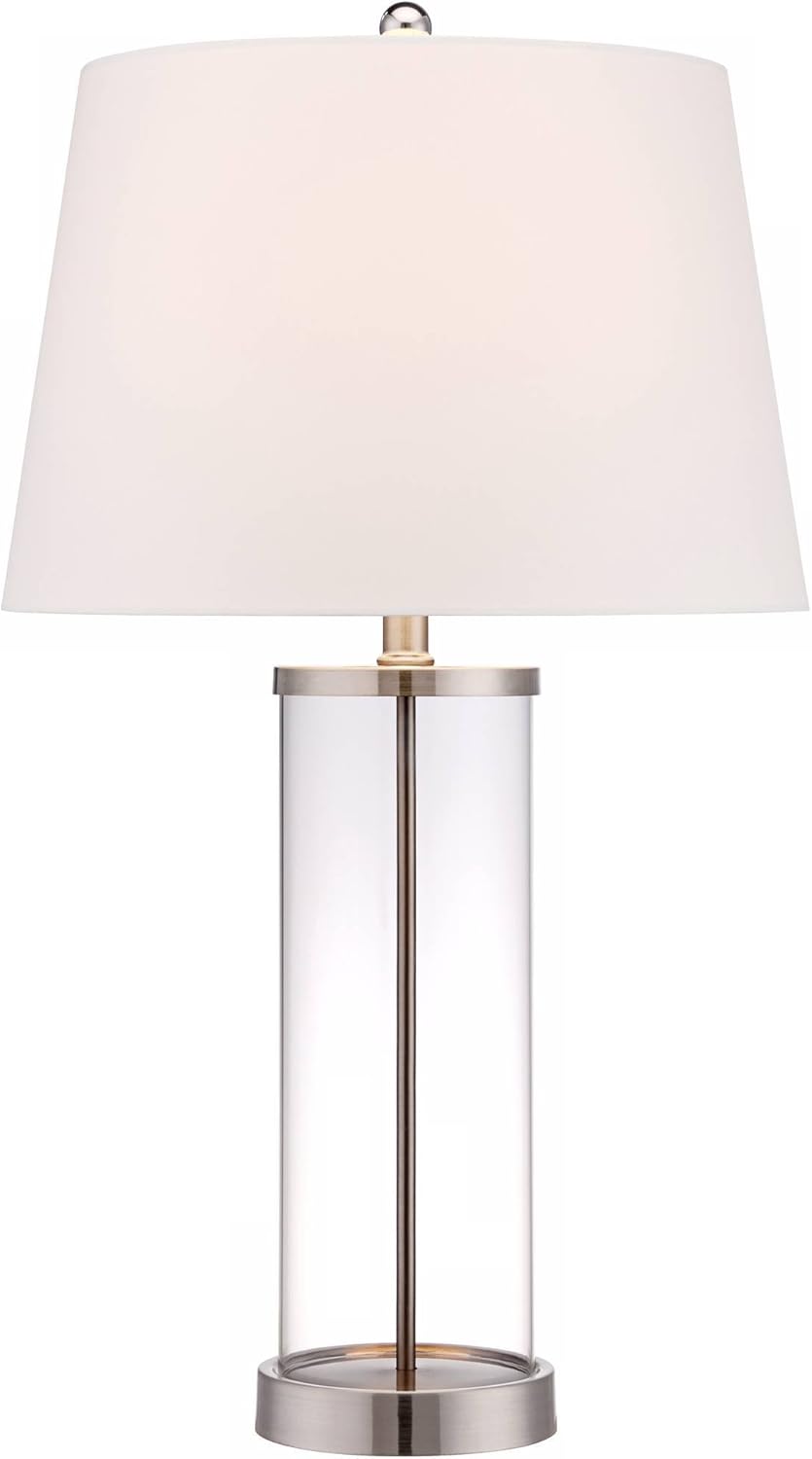Modern Coastal Table Lamp Fillable Clear Glass Cylinder Brushed Nickel Metal White Drum Shade Decor for Living Room Bedroom Beach House Bedside Nightstand Home Office Family - 360 Lighting