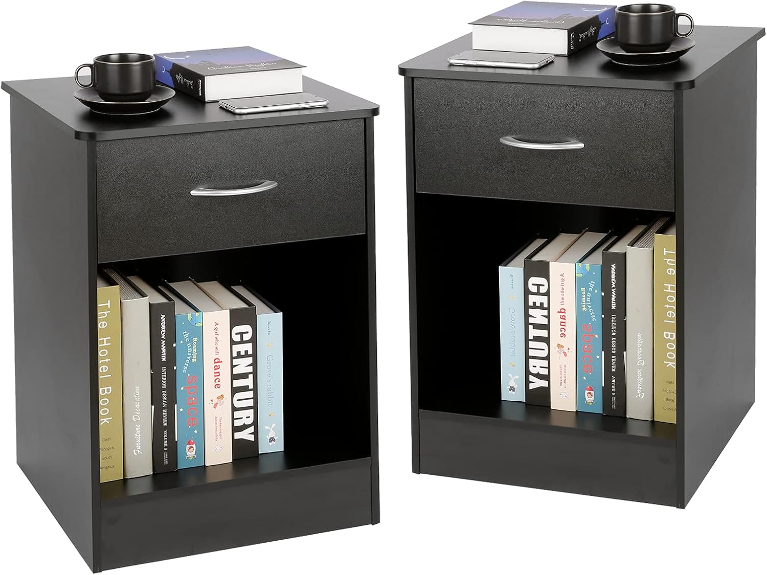 TUSY Black Nightstand with Drawers, End Table Bedroom Side Tables Bedside Cabinets, File Cabinet Storage with Sliding Drawer and Shelf for Home Office