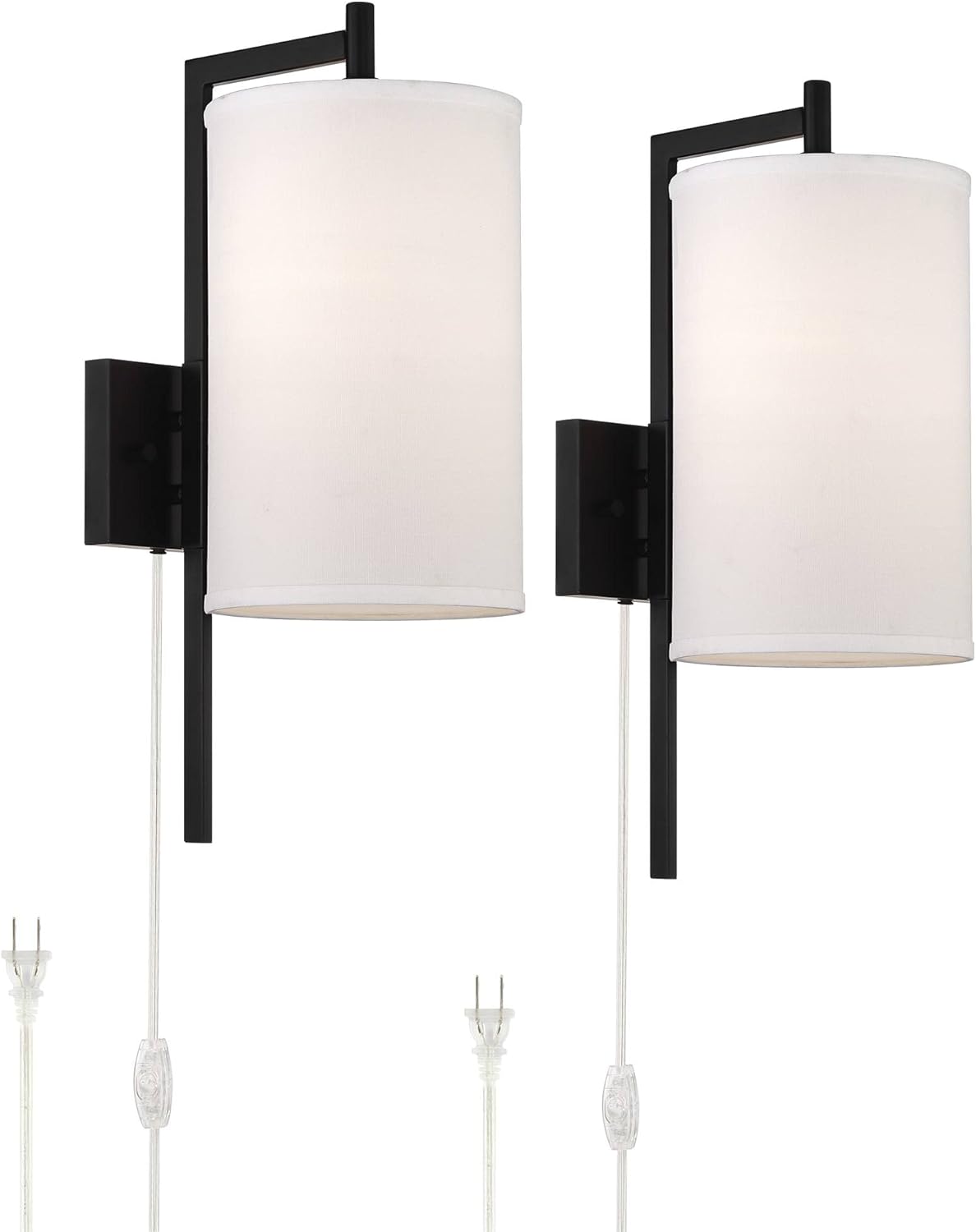 Bixby Modern Wall Mounted Lamps Set of 2 with Cord Black Metal Plug-in Light Fixture White Fabric Drum Shades for Bedroom Bedside House Reading Living Room Home Hallway Dining - Possini Euro Design