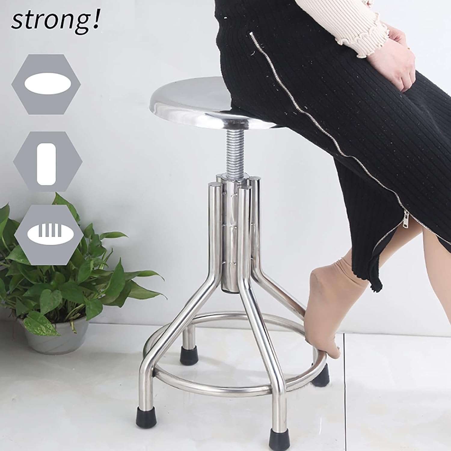 LBST Stainless Steel Counter Height Stool, Backless Bar Stool Metal Round Industrial Style,Commercial Quality, Height Adjustable with 50-70cm