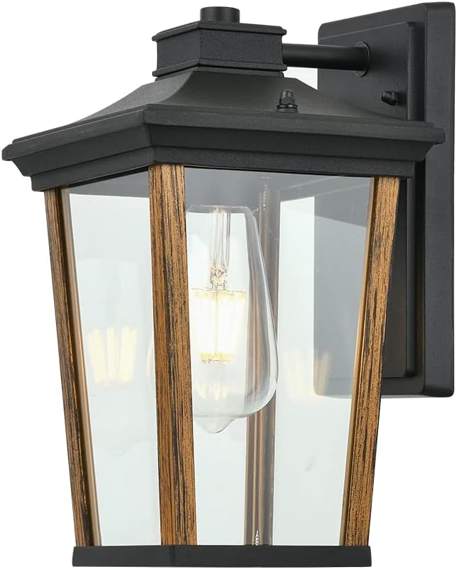 Smeike Outdoor Wall Sconce, Wood Grain & Black Finish Porch Light Fixtures, Wall Mount Anti-Rust Exterior Sconce with Clear Glass for Outside Garage Driveway Patio