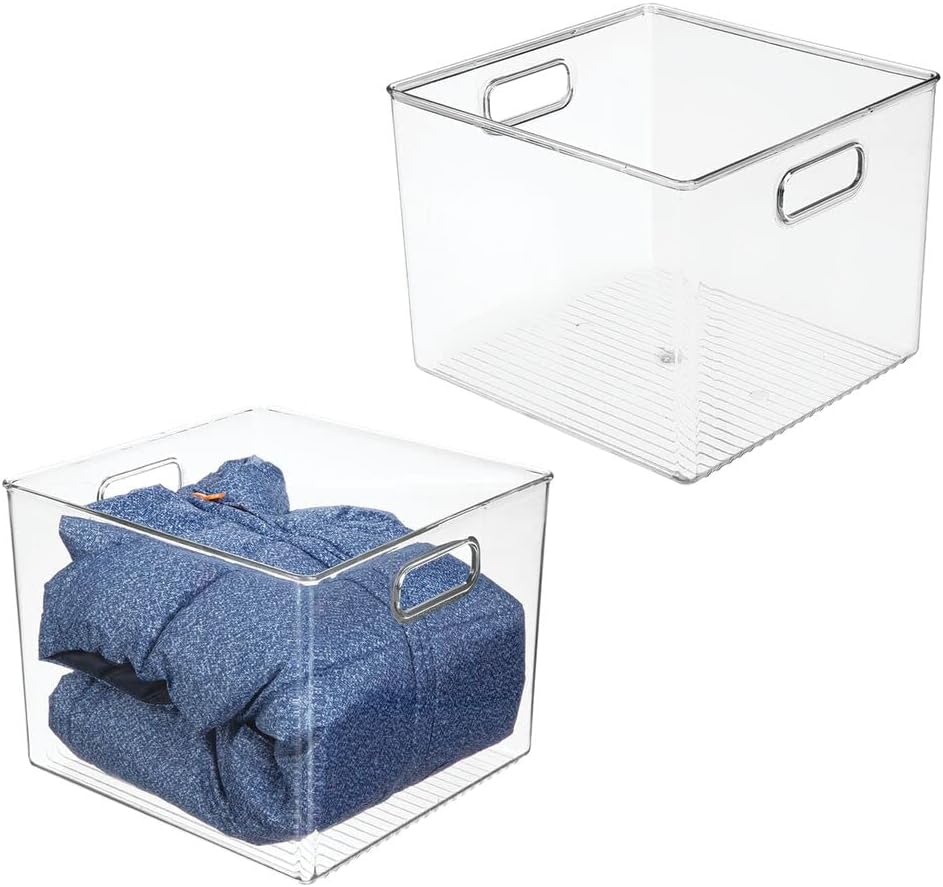mDesign Small Modern Stackable Plastic Storage Organizer Bin Basket with Handle for Home Closet Organization - Shelf, Cubby, Cabinet, and Cupboard Organizing Decor - Ligne Collection - 2 Pack - Clear
