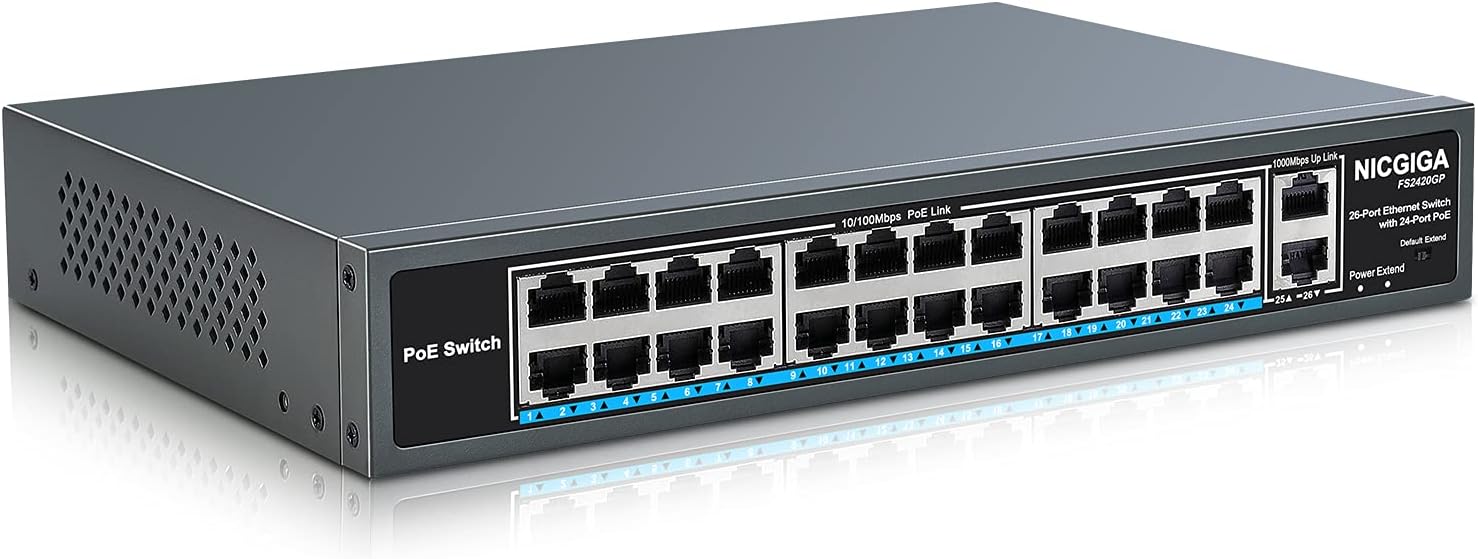 NICGIGA 26 Port PoE Switch with 24 Ports 10/100Mbps PoE+@400W, 2 Gigabit Uplink Ports, VLAN Mode, Sturdy Metal Case and Desktopl/19 inch RackMount, Plug and Play, Unmanaged(FS2420GP)