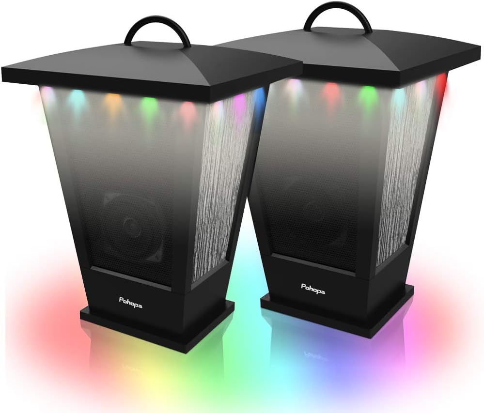 Bluetooth Speakers Waterproof, Pohopa 2 Packs True Wireless Stereo Sound 20W Speakers Dual Pairing Lantern Indoor Outdoor Speakers with 20 Piece LED Lights, Rich Bass, Pinao Black