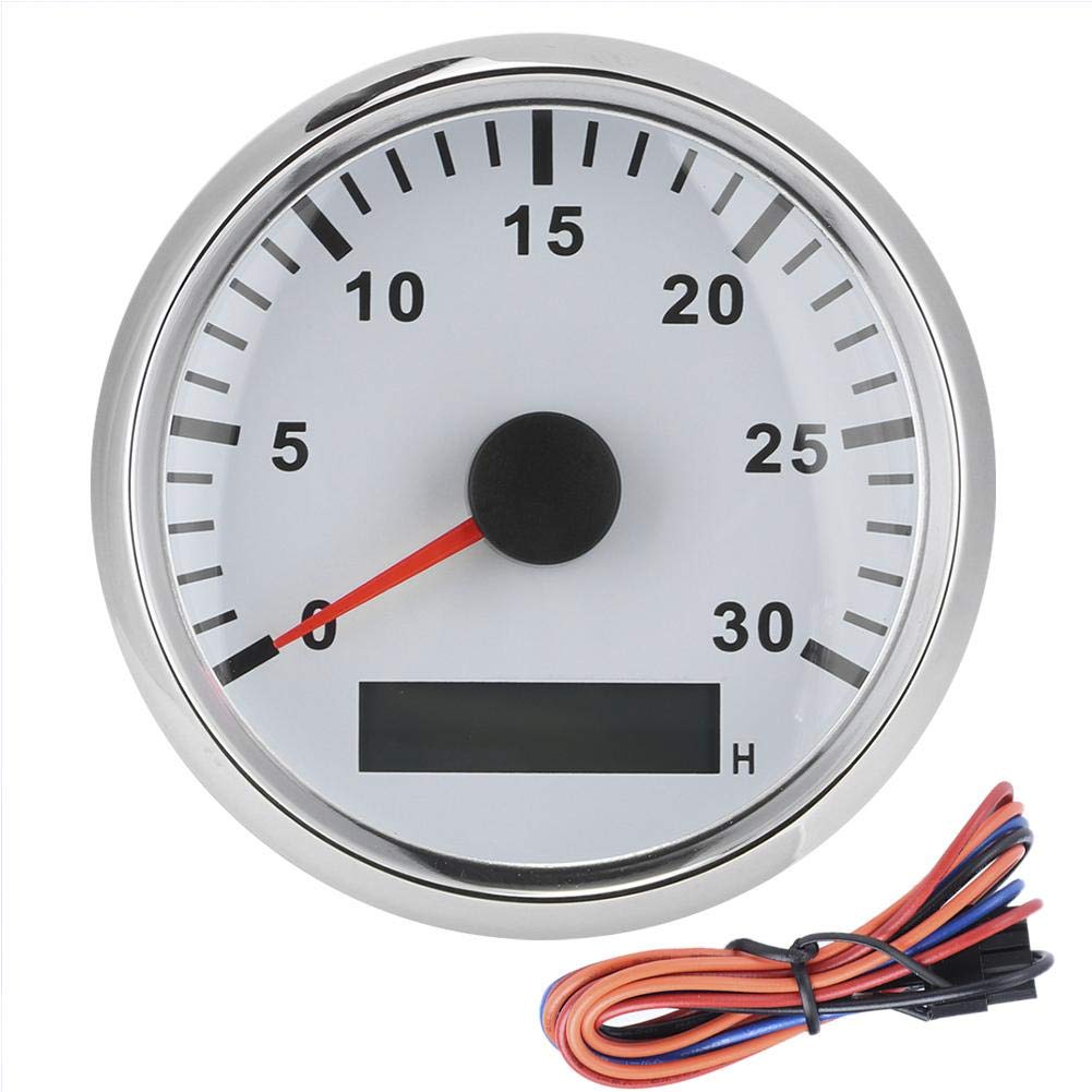 Acouto Boat Tachometer 85mm/3.3in Boat Tachometer Sensor IP67 Waterproof Tacho Gauge 12V/24V Red Light with LCD Display Service Hour Meter 3000 RPM(Silver Frame Black Dial) Pack of 2