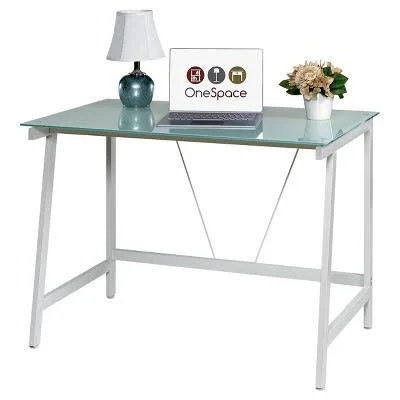 OneSpace Contemporary Glass Writing Desk, White/Cool Blue