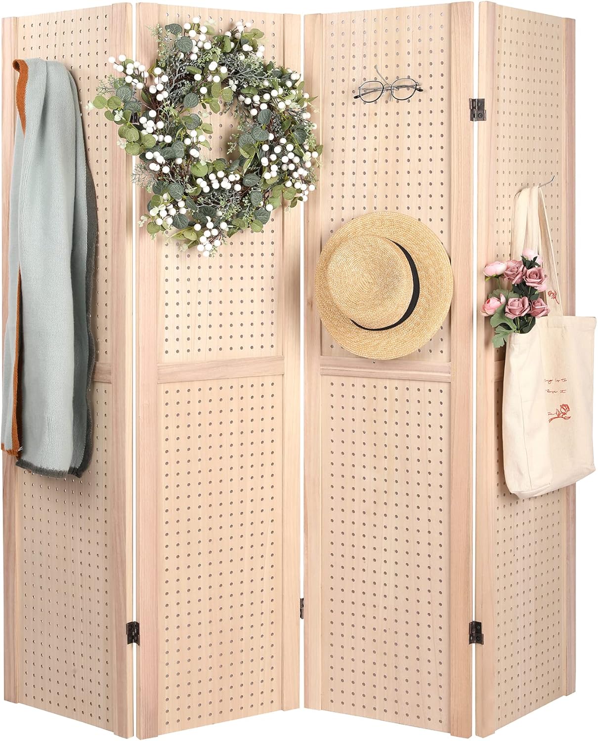 Betterhood 4 Panel Pegboard Display 5 Ft Folding Privacy Partition Room Divider Screen Wood Freestanding Display Board Organizer for Craft Show, Jewelry, Retail, Cloth