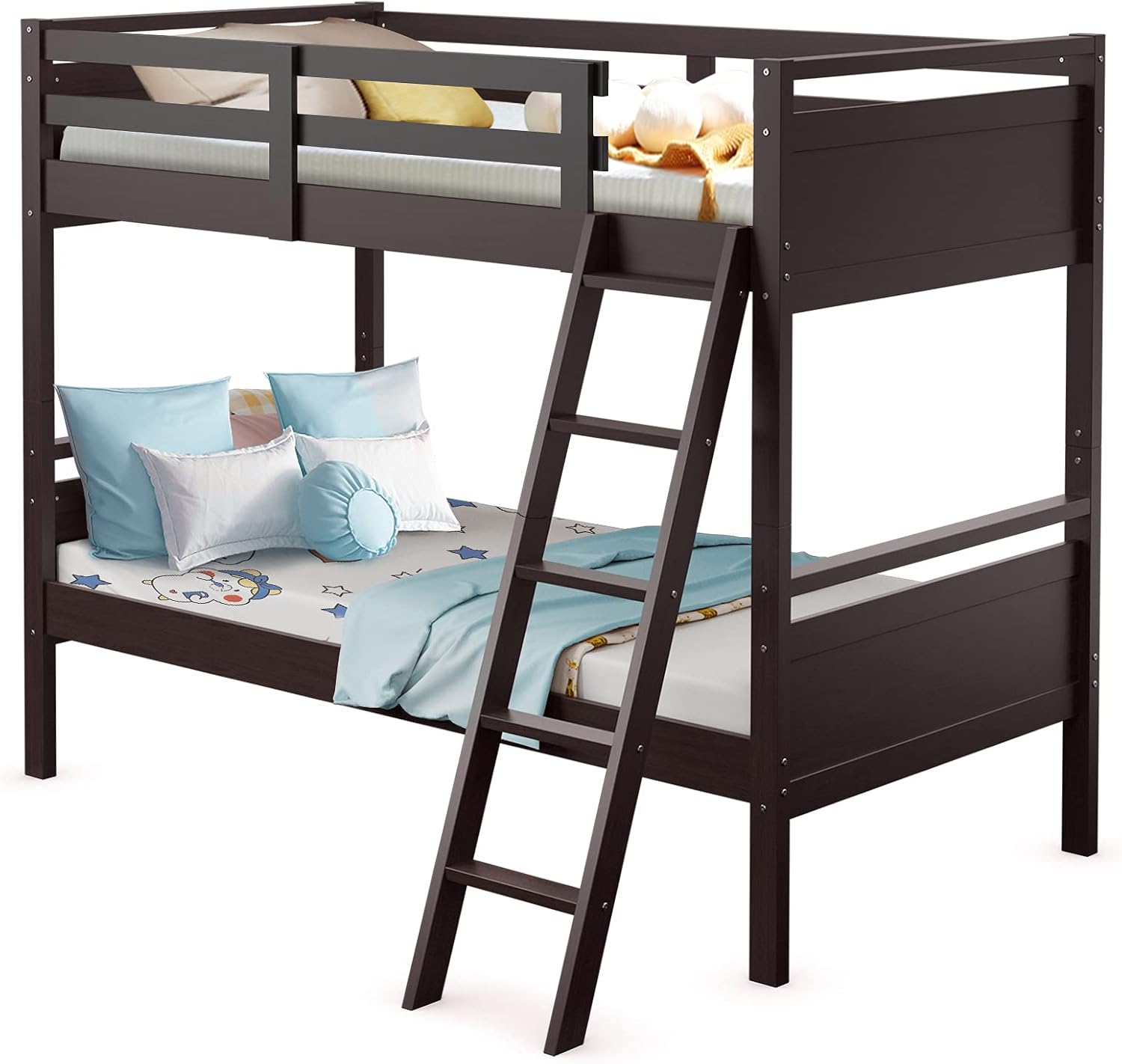 Costzon Twin-Over-Twin Wood Bunk Bed, 2-in-1 Convertible Space-Saving Bunk Bed for Bedroom Dorm Guest Room, Heavy Duty Bed Frame w/Inclined Ladder & Safety Guardrails for Kids Teens Adults (Navy)