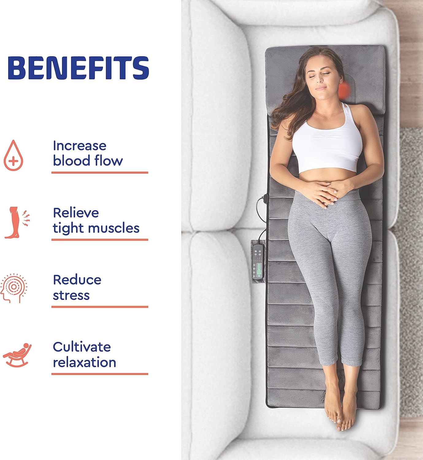 Massage Mat Vibration Pad - Full Body Vibration Mattress Pad for Bed with Rotating Shiatsu Neck Massage Pillow - 10 Vibrating Motors, 4 Warming Heating Spots - Neck, Shoulder, Back Massager