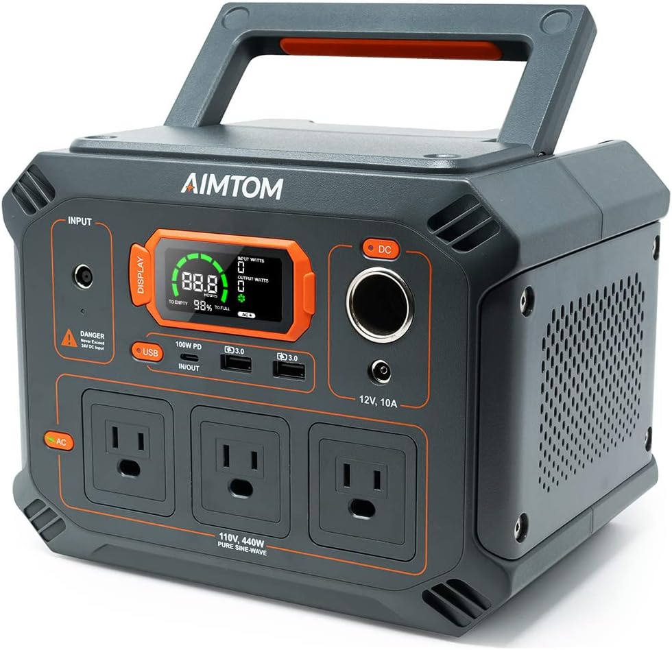 AIMTOM Portable Power Station Rebel 440, 3X 440W AC, 100W USB-C PD, 12V Regulated DC, 2X USB, 403Wh Lithium Battery Solar Generator (Solar Panel Optional) for Camping Outdoor Road Trip Home Emergency