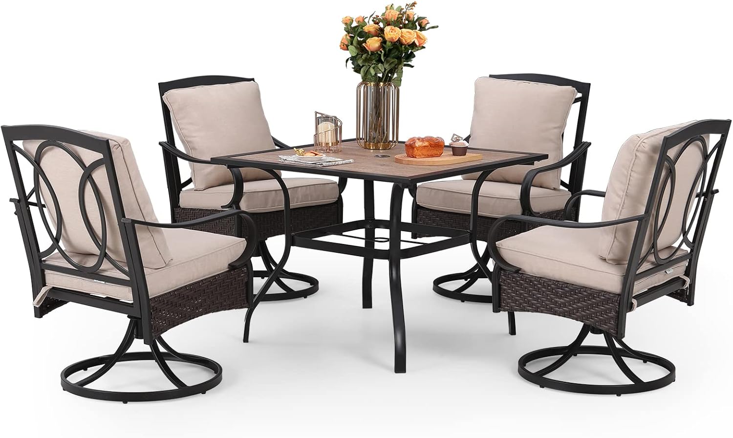 Sophia & William Patio Dining Set 5 Piece Outdoor Table Furniture Set - 4 Padded Swivel Dining Chairs and 1 Square Metal Table with Umbrella Hole & Wood-Like Top for Garden Deck Backyard