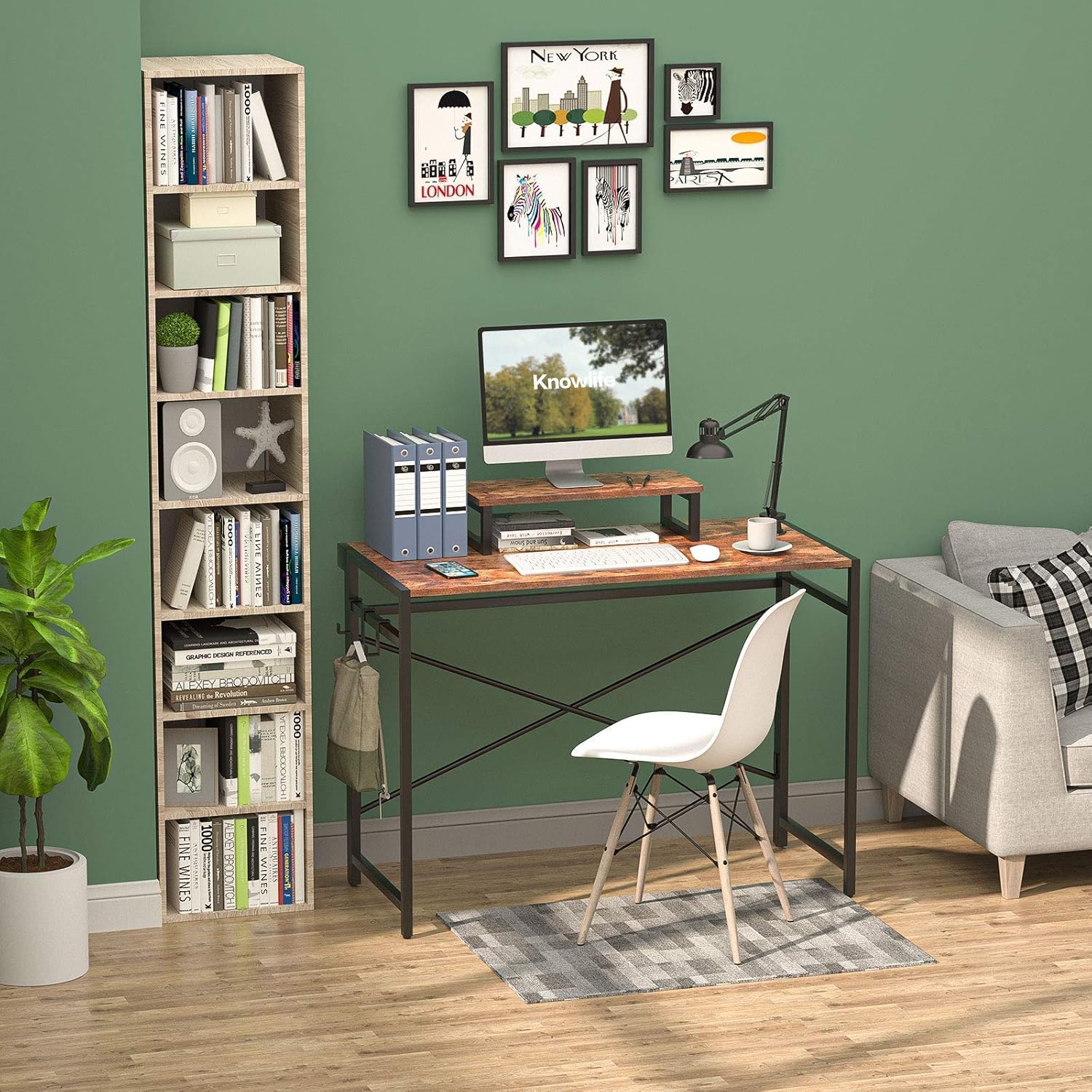 Knowlife Small Folding Computer Desk No Assembly Required Writing Study Desk, 44&rdquo; Collapsible Workstation with Monitor Riser and 3 Hooks, Space Saving Simple Home Office Desk for Small Space Brown