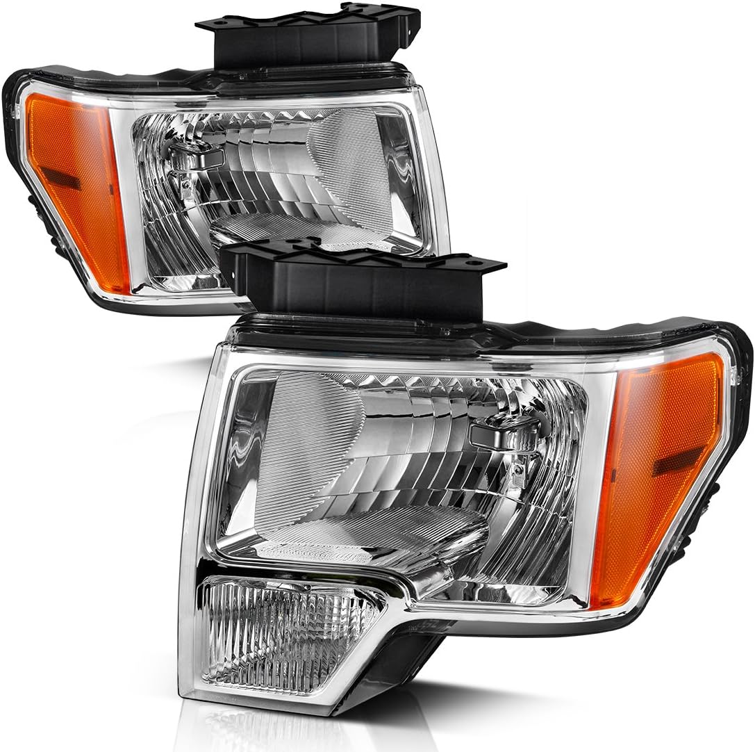 AUTOSAVER88 Headlight Assembly Compatible with Ford F150 Truck Replacement Headlights Chrome Housing for 2009-2014 F-150 Truck Amber Reflector with Driver and Passenger Side
