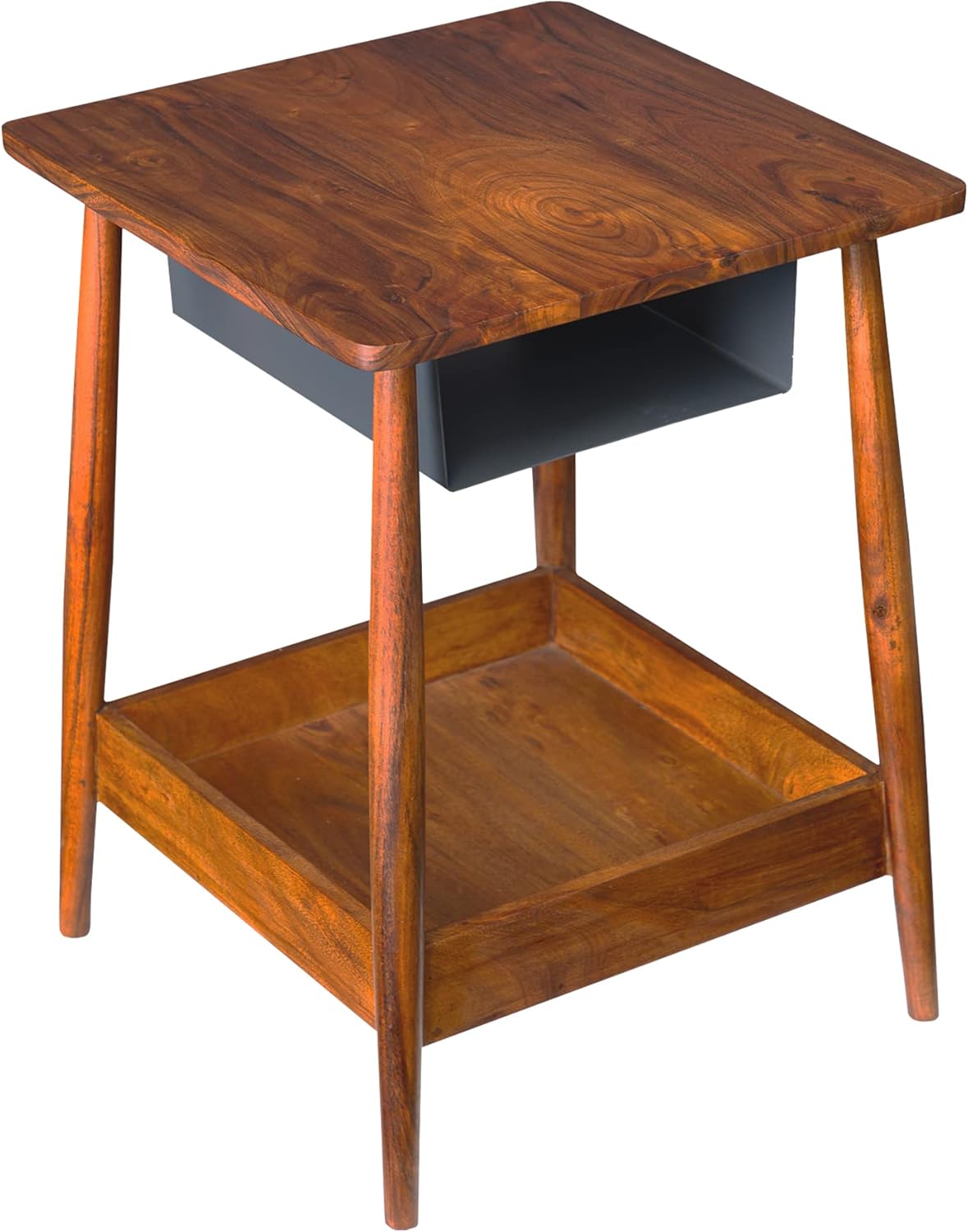 The Urban Port Solid Wood Accent Table with Metal Basket and Bottom Shelf, Brown and Black